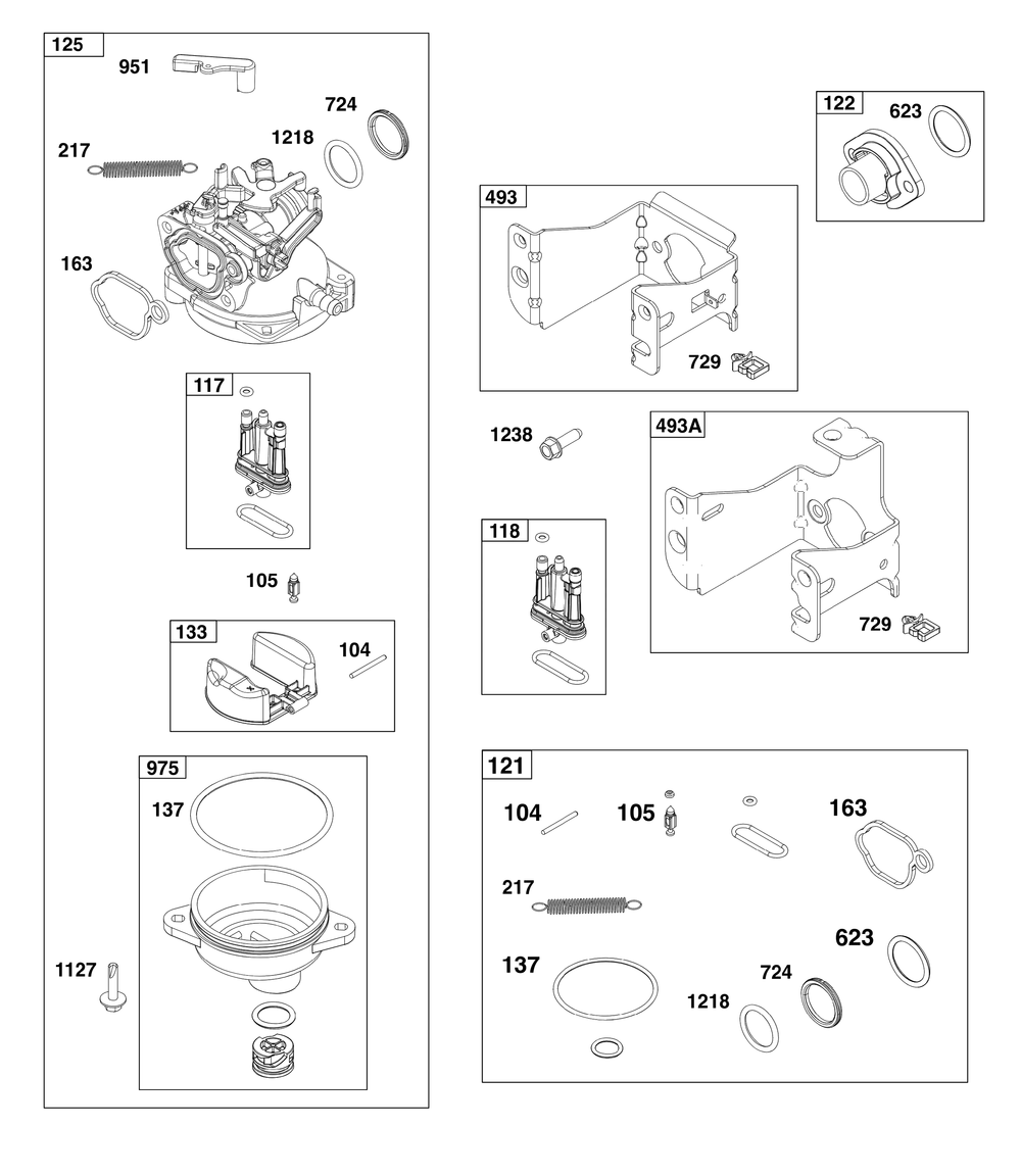 Carburetor Group Diagram and Parts List for 115P02-0007-H5 100000 - 19Z999 Briggs and Stratton Engine